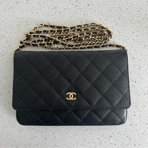 CHANEL Black Caviar Wallet in Chain w/ GHW